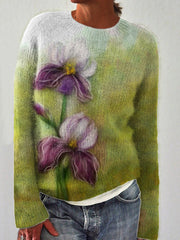 Classy Purple Flowers Felt Art Cozy Knit Sweater