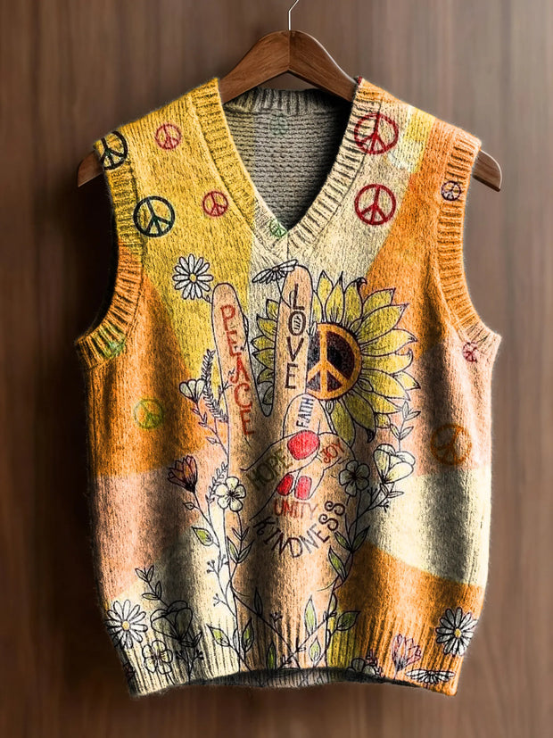 Women's Hippie-print Artistic Casual V-neck Knit Top