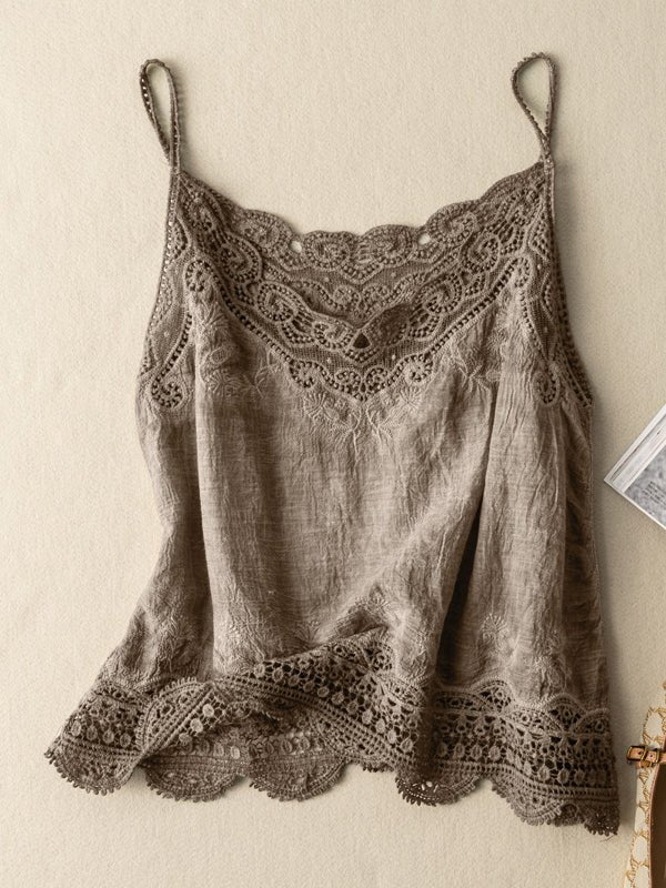 Khaki Loose Casual Vintage Lace Sleeveless Vest