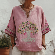 Women's Tree Of Life Pink Ribbon Small V Neck T-shirt