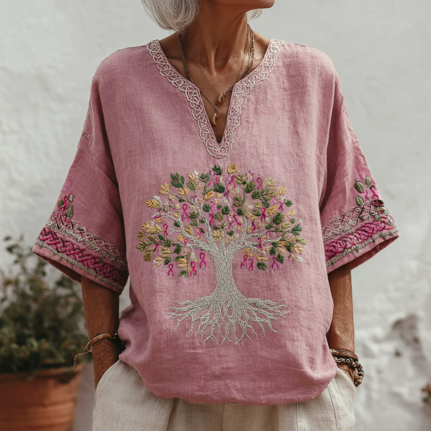 Women's Tree Of Life Pink Ribbon Small V Neck T-shirt