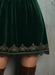 Emerald Velvet Embroidered Mini Dress