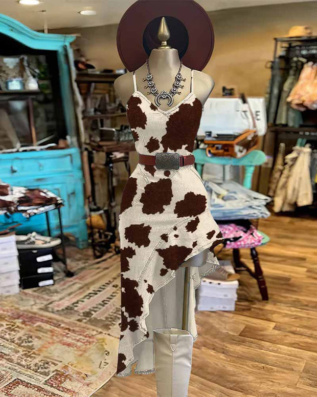 Western Cowboy Cow Texture Irregular Ruffle Hem Slim Cami Dress