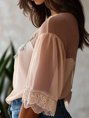 Boho Delicate Floral Embroidered Chiffon Blouse