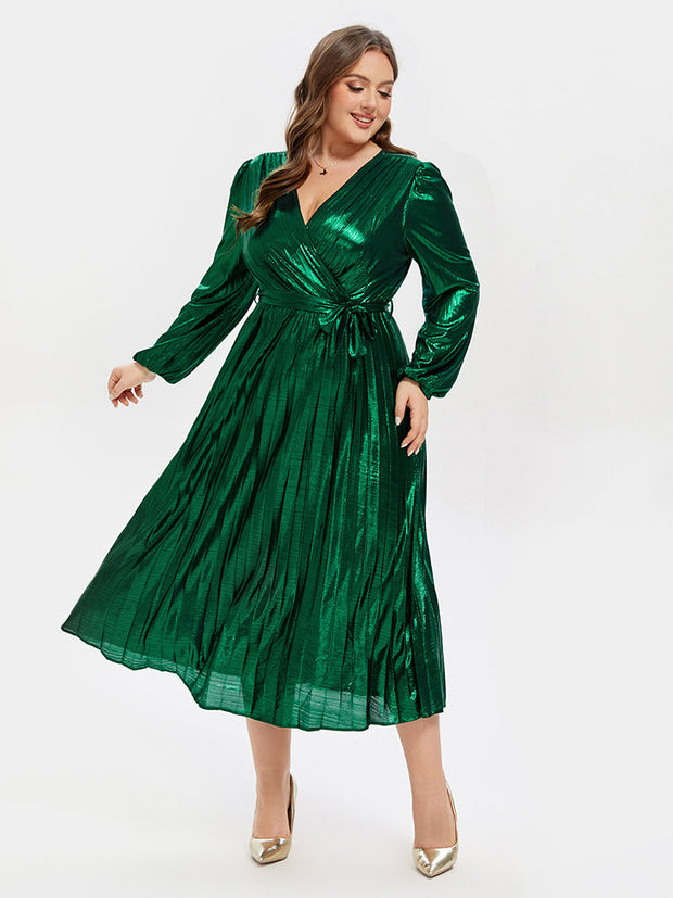 Lantern Sleeve V-Neck Wrap Midi Dress