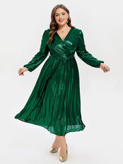 Lantern Sleeve V-Neck Wrap Midi Dress