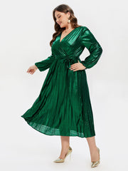 Lantern Sleeve V-Neck Wrap Midi Dress