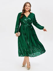 Lantern Sleeve V-Neck Wrap Midi Dress