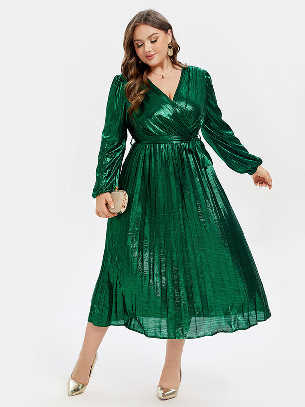 Lantern Sleeve V-Neck Wrap Midi Dress