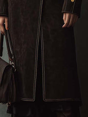 Vintage Dark Brown Eco-Suede Coat With Faux Fur Collar And Contrast Stitching