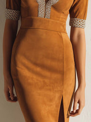Caramel Brown Leopard Microsuede Midi Dress