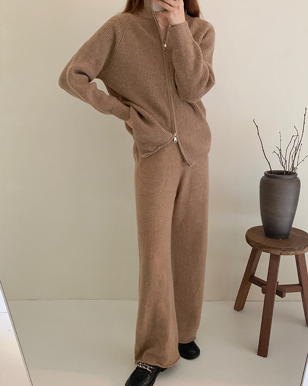 Zipper lapel knitted cardigan + wide-leg pants