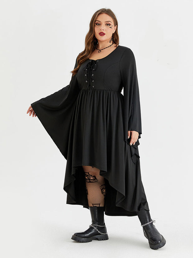 Halloween Drawstring Front Pocket High Low Midi Dress