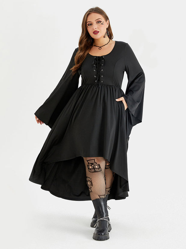 Halloween Drawstring Front Pocket High Low Midi Dress