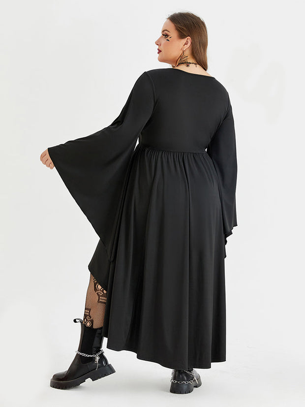 Halloween Drawstring Front Pocket High Low Midi Dress