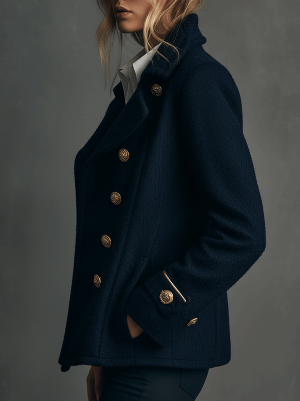 Classic Navy Wool-Blend Double-Breasted Peacoat Gold Buttons Coat