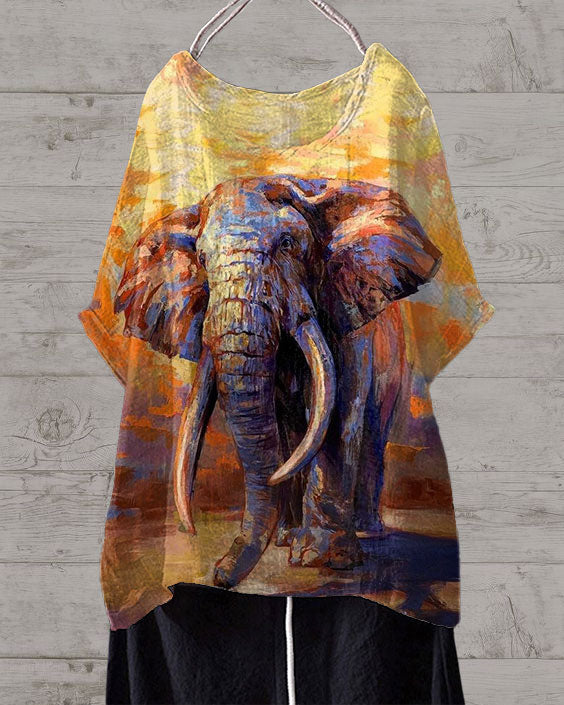 Elephant Oil Painting Print Irregular Linen Blend Tunic