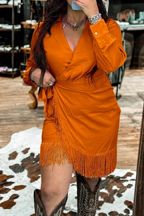 Beautiful Fringed Hem Satin Wrap Dress