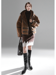 Reversible Women’s Suede & Shearling Coat – Luxury Hooded Duffle Toggle Jacket for Autumn/Winter