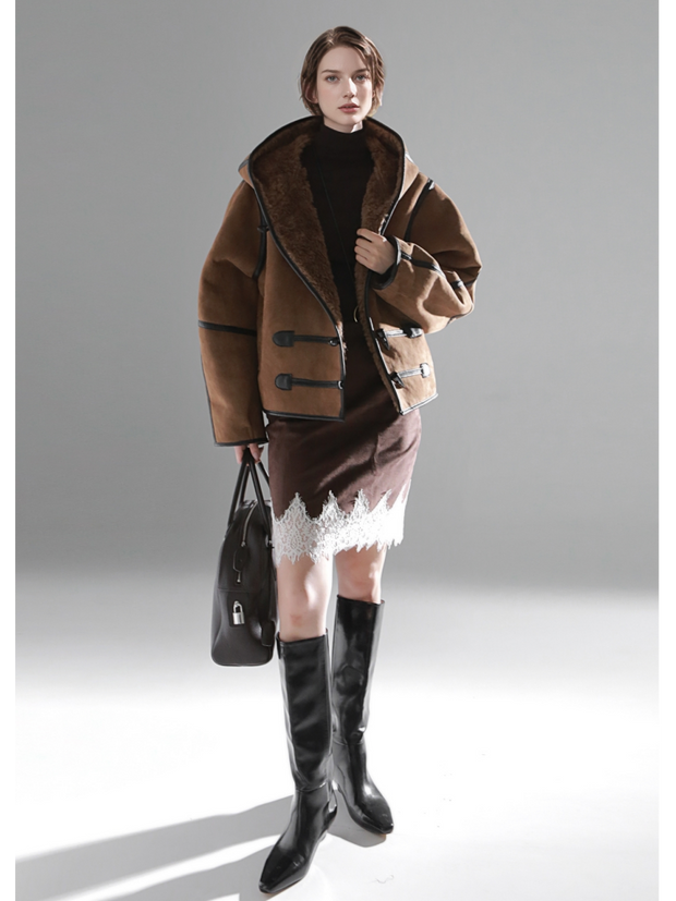 Reversible Women’s Suede & Shearling Coat – Luxury Hooded Duffle Toggle Jacket for Autumn/Winter