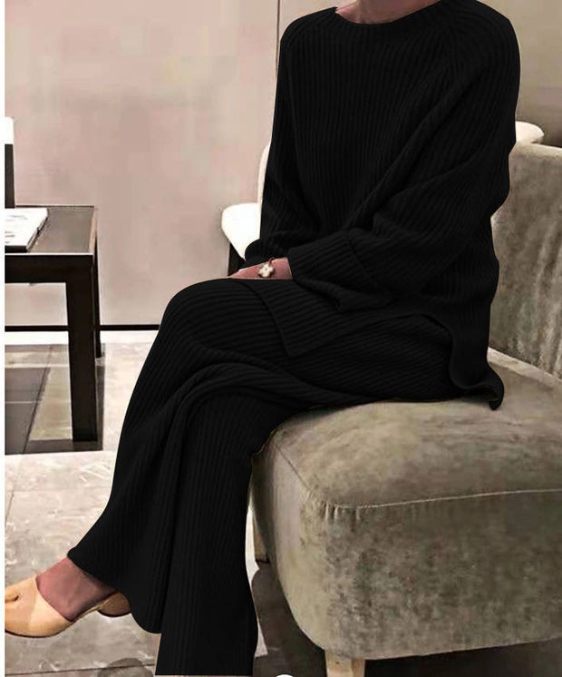 Fashion Ribbing Texture Round Neck Solid Color Two-piece Suit