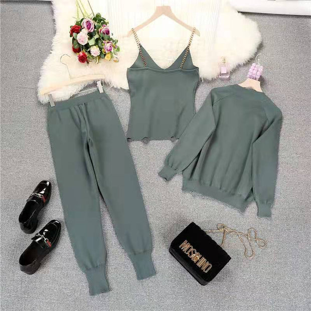 Knitted vest jacket and elasticated pants three-piece set