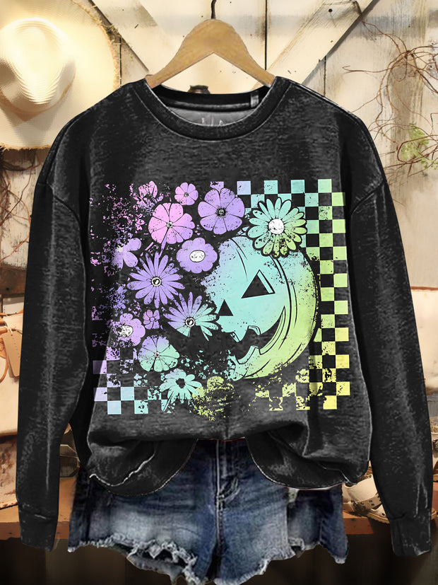 Vintage Ethnic Flower Gradient Halloween Pumpkins Art Print Sweashirt
