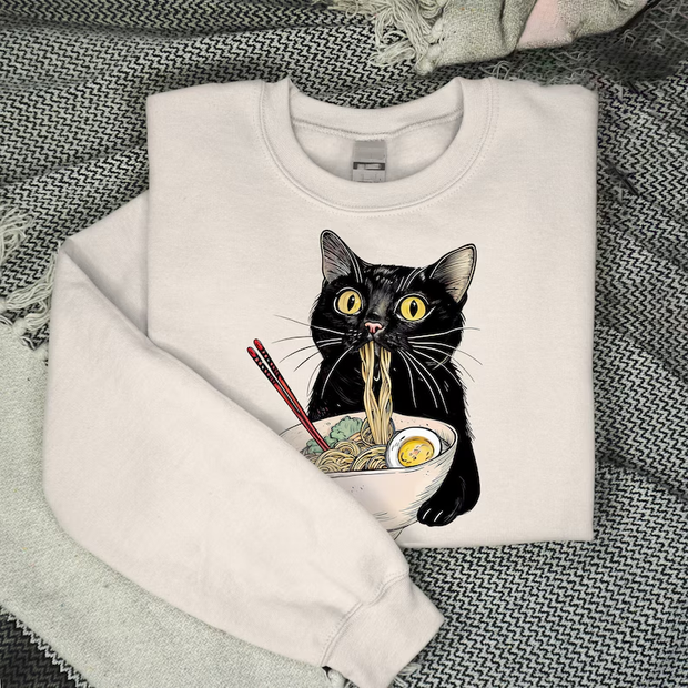 Vintage Black Noodle Cat Pattern Print Ladies Sweatshirt