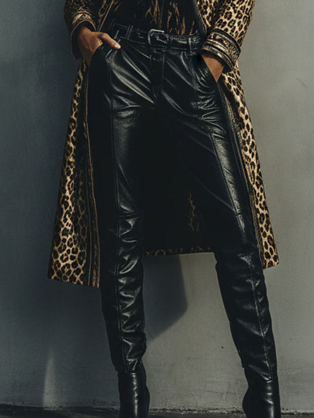 Vintage Woolen Blend Leopard Pattern Long Coat