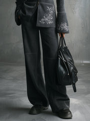 Vintage Suede Embroidered Flap Pocket Bell Sleeve Jacket