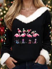 Women's Christmas Flamingo Fur Collar Casual Top