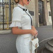 Women Elegant  Round Neck Short Sleeves Bow Ruffle Hem Beaded Formal Fragrant Breeze White Dress