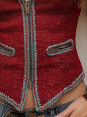 Bohemian Floral Contrast Trim Zip-up Vest