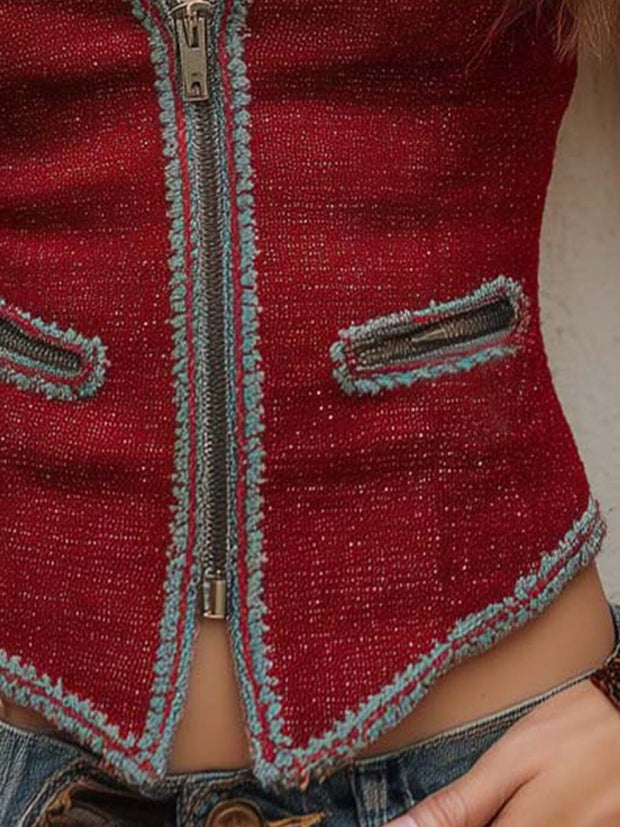 Bohemian Floral Contrast Trim Zip-up Vest