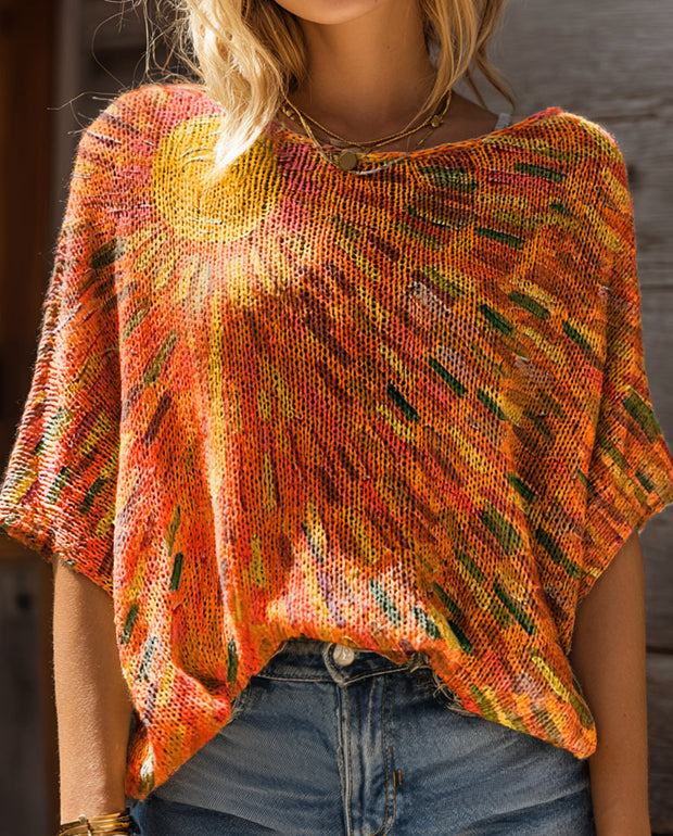 Women's Colorful Sun Art Pattern Print Casual Pullover Sweater
