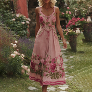Women's Retro Floral Embroidery Art Linen Suspenders Dress