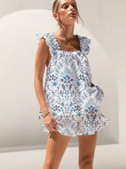 Bohemian Celadon Print Ruffled Trim Short Tank Top Shorts Pajama Set