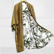 Fashion Lining Flower Leaf Print Kimono Duster