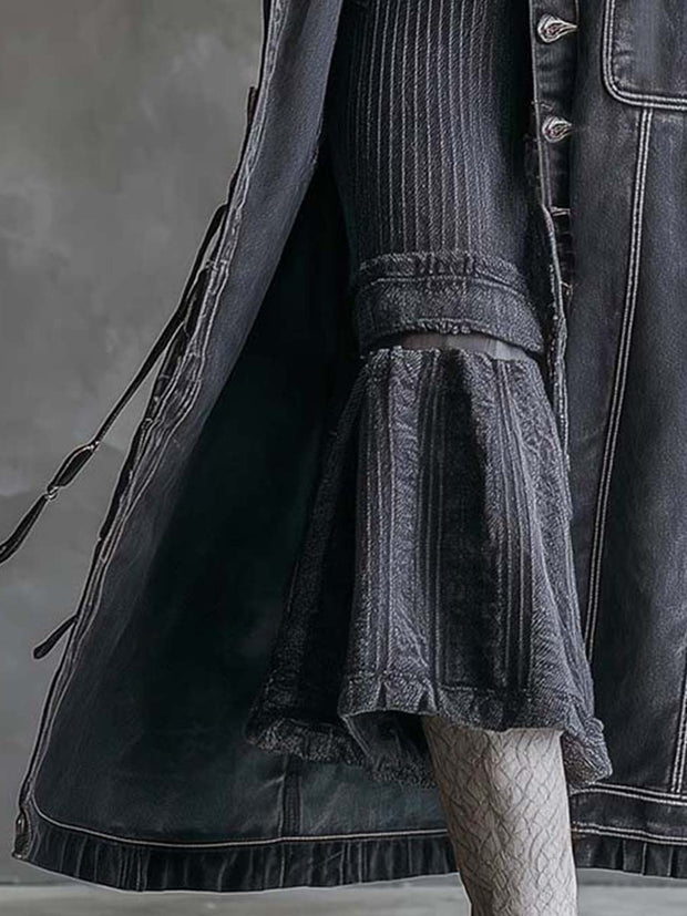 Vintage Washed Grey Denim Coat With Faux Fur Collar