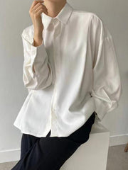 Simple Long Sleeves Loose Buttoned Pleated Solid Color Lapel Collar Blouses&Shirts Tops