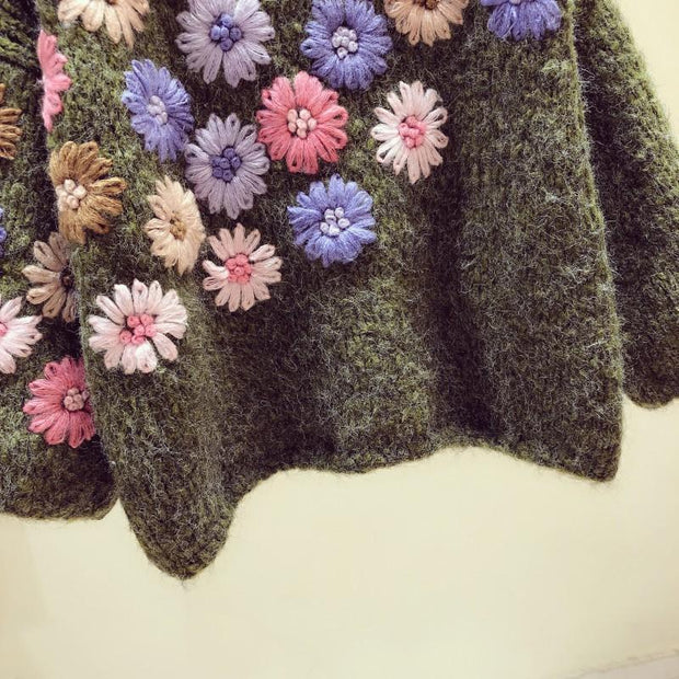 Cozy Handmade Flower Embroidery Autumn Winter Loose Sweater