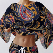 Colordate Women's Cashew Nut Pattern Print Long Sleeve Cotton Homewear Set