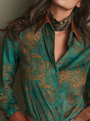 Vintage Green Baroque Print Leather Collar & Cuffs Shirt