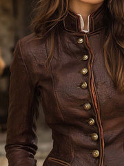 Vintage Brown Stand-up Collar Contrasting Edge Slim Fit Textured PU Jacket