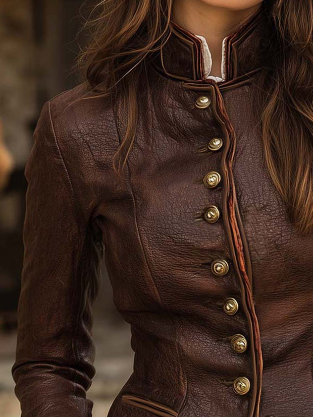 Vintage Brown Stand-up Collar Contrasting Edge Slim Fit Textured PU Jacket