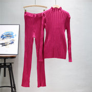 Tight and sexy knitted sweater and flared trousers two-piece set