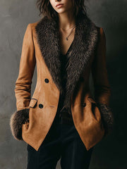 Eco-friendly Suede Double-Breasted Jacket With Faux Fur Collar & Cuffs