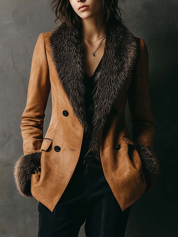 Eco-friendly Suede Double-Breasted Jacket With Faux Fur Collar & Cuffs