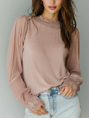 Retro Round Neck Lace Trim Long Sleeve Blouse