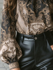 Vintage Baroque High Neck Black & Gold Puff Sleeve Blouse